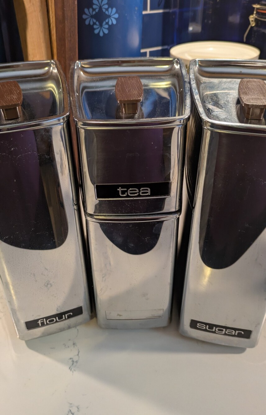 Vintage 4  1950s Lincoln Beautiware Stainless Steel Canisters with Wooden Lids